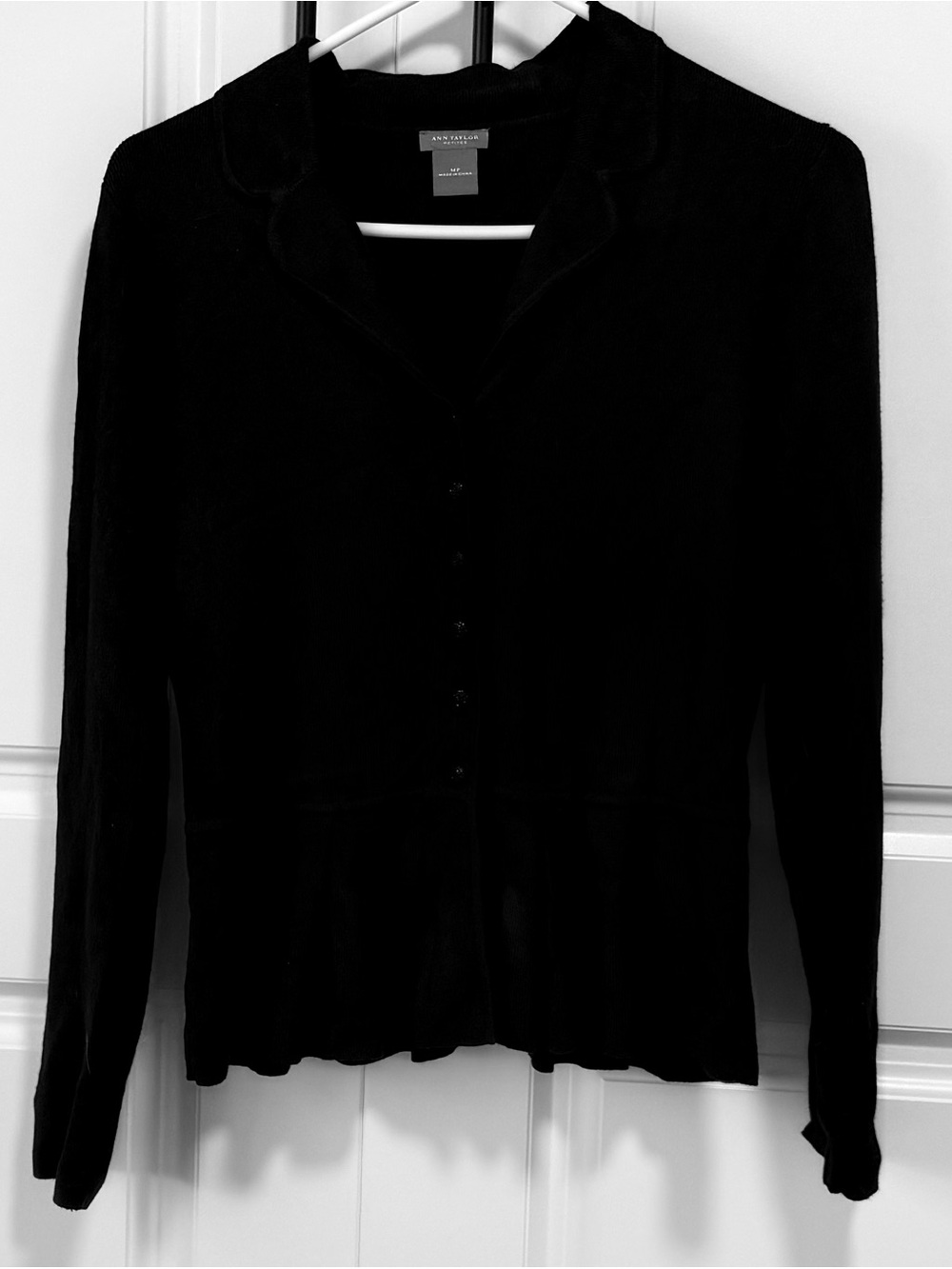 Ann Taylor Black Button-Front Long Sleeve sweater peplum bottom